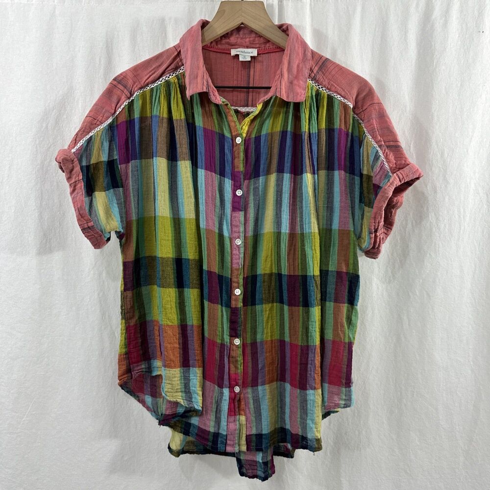 Sundance Taza Boho Colorful Fall Plaid Crochet Trim Button Up Top Womens Size M